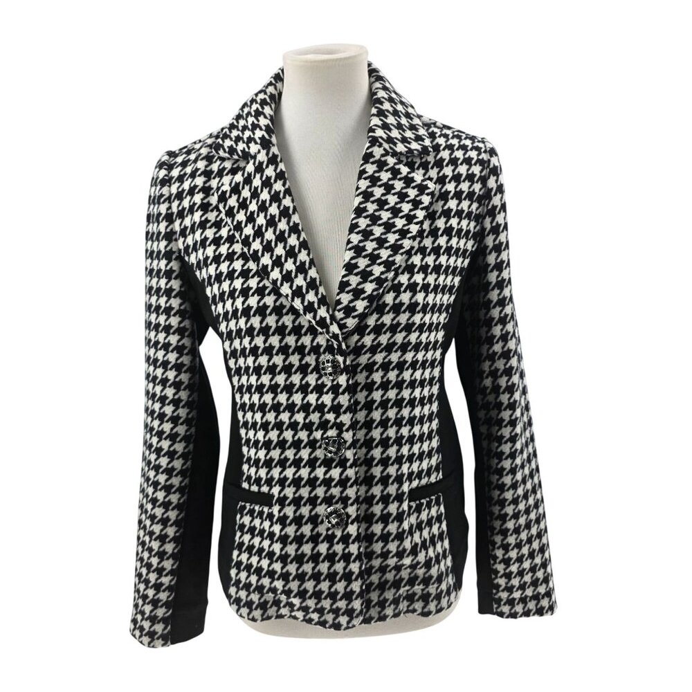 Elena Wang Womens Houndstooth Blazer Jacket S Black & White Polyester Wool Spand